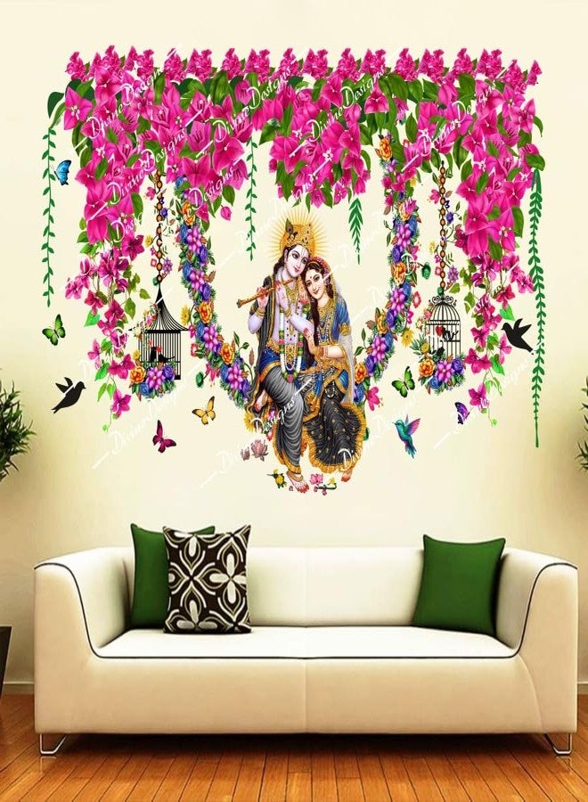 DivineDesigns ملصق حائط ذاتي اللصق من الفينيل PVC من DivineDesigns، بتصميم قفص زهور وردية صيفية ورادا كريشنا بانسوري، لتزيين المنزل/غرفة المعيشة (متعدد الألوان) - Image 2